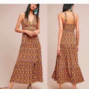 Anthropologie Maeve yellow halter maxi dress v-neck ruffle Luella knit large